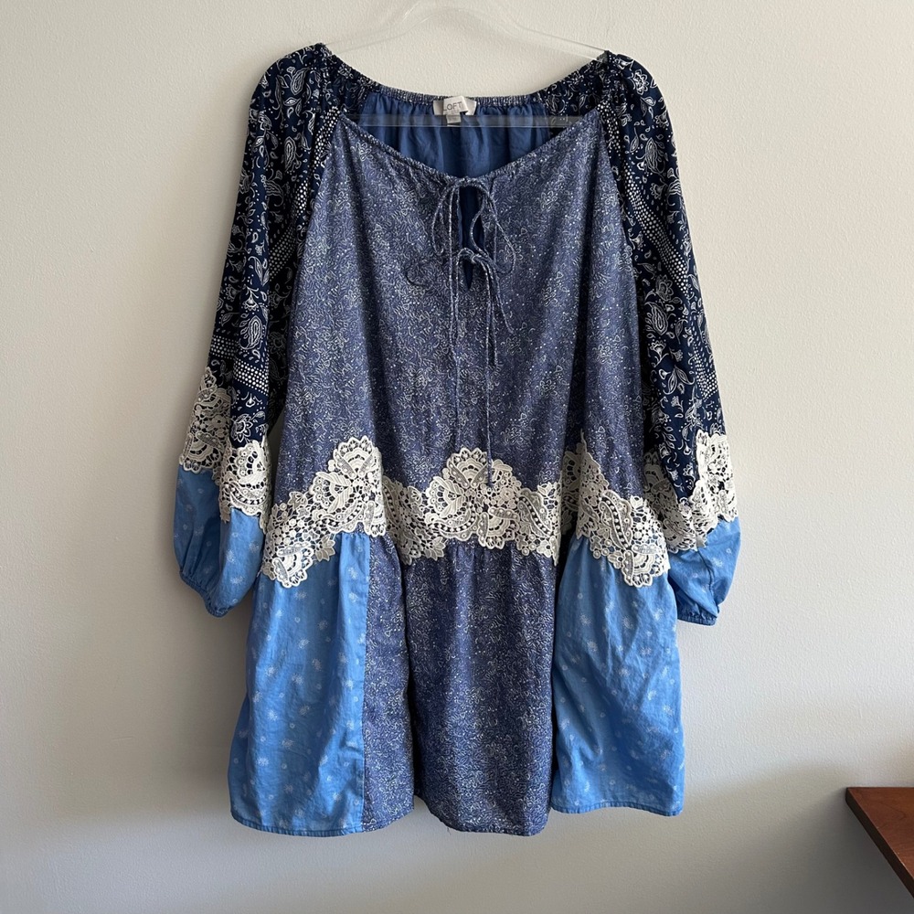 LOFT Dress Blue M Patchwork Lace Trim Paisley Cotton Boho Mini 758998